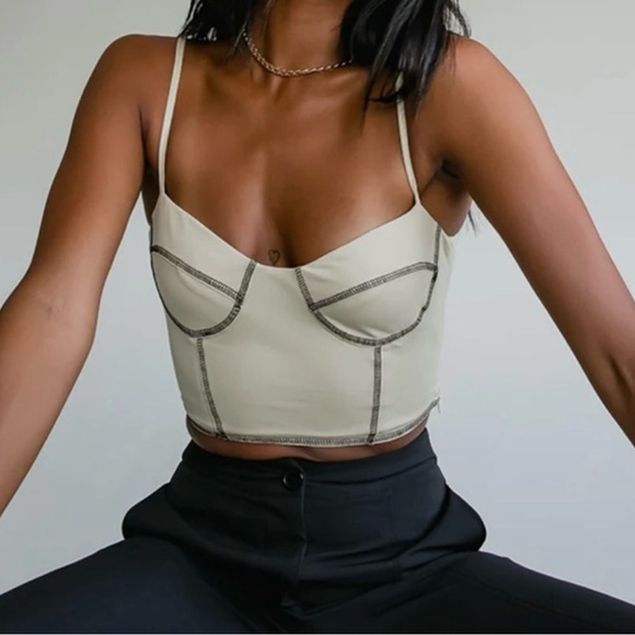 Princess Polly Tops - Princess Polly Tan with Black Contrast-Stitch Bustier Crop Leilani Top Size 0